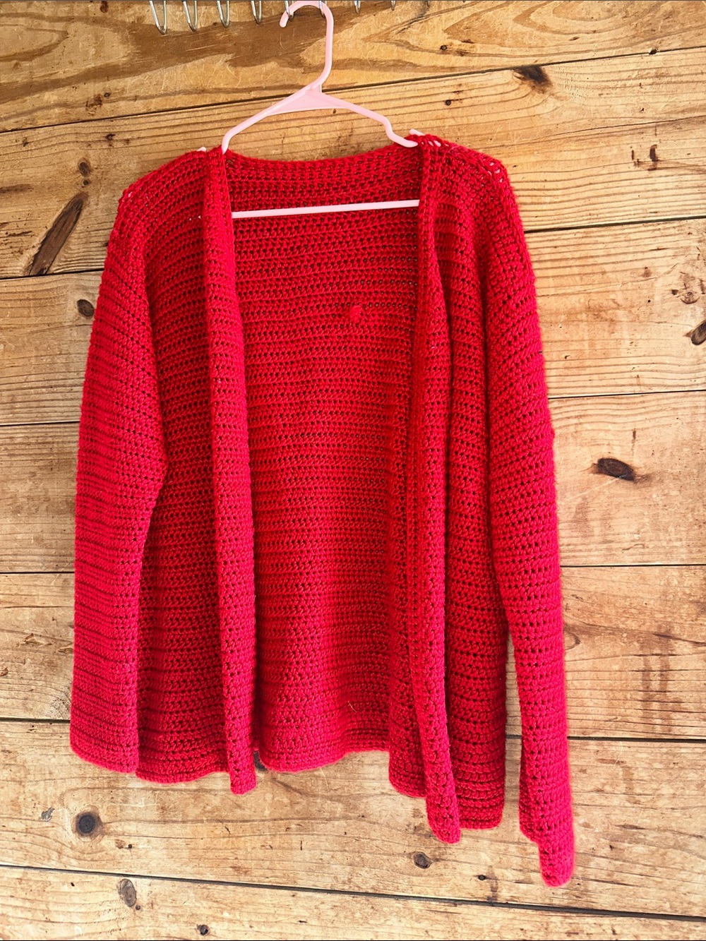Red Open-Front Women's Crochet Cardigan Sweater Handmade